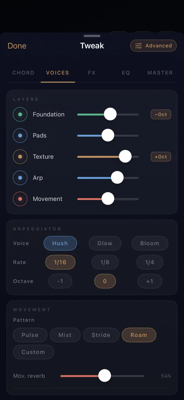 Five layers: Foundation, Pads, Texture, Arp, and Movement, each on its own fader